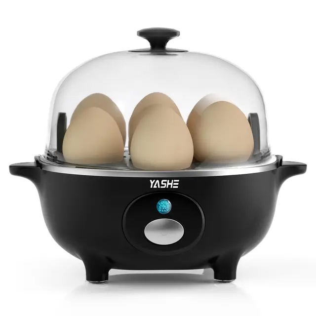 YASHE Cuiseur Oeuf, cuisinier d'œufs de 360 W, 7 œufs faciles à peler, œufs mollets, œufs moyens, œufs durs, poached, cuiseur vapeur, buzzer, lumière indicatrice, sans BPA