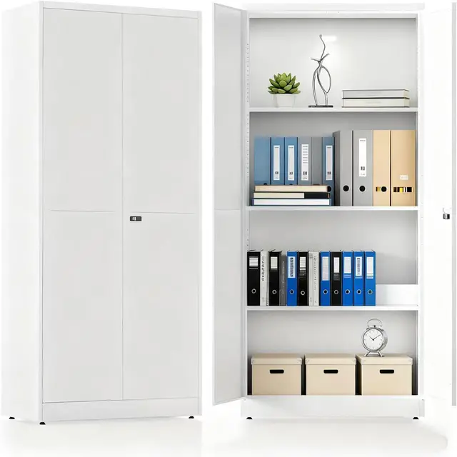 Armoire Bureau en Métal, Armoire Garage avec 2 Portes et Étagères Réglables, Cabinet de Rangement Verrouillable pour Bureau, Maison et Atelier, 180 x 80 x 40 cm, Blanc