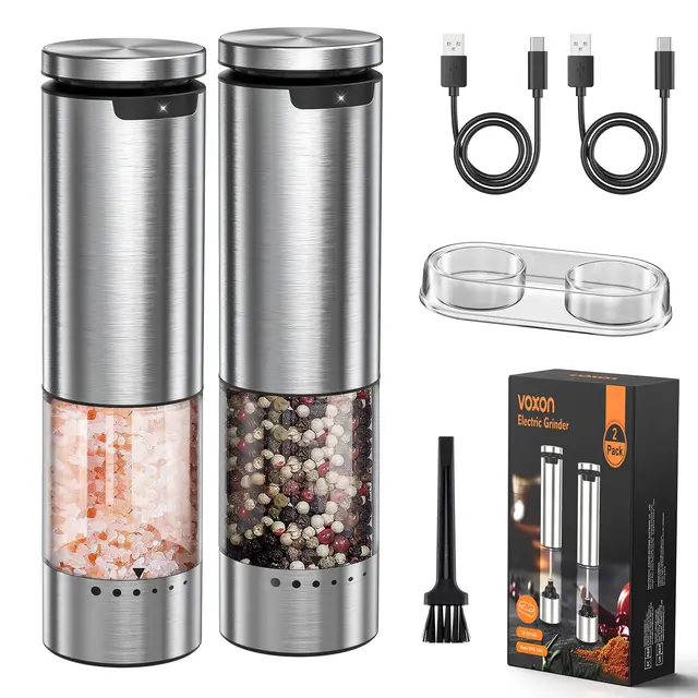 VOXON Lot de 2 moulins à sel et à poivre avec USB rechargeable, 5 niveaux de grossièreté réglable, mouture automatique, poivrière électrique avec lumière LED pour barbecue, restaurant, cuisine