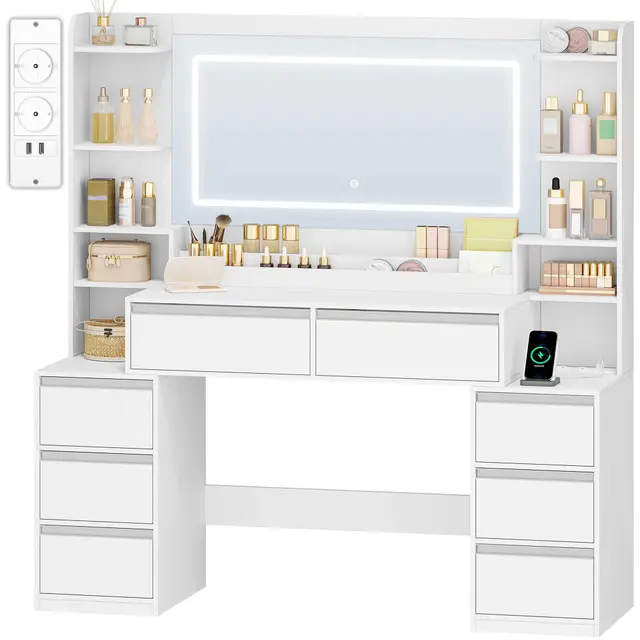HEXCELEN 135cm Coiffeuse avec Miroir, Table de Maquillage avec 3 Lumières LED à Luminosité Réglable, Prises de Courant, Support pour Sèche-Cheveux, 8 Tiroirs et Étagères Ouvertes, Blanc-Argent