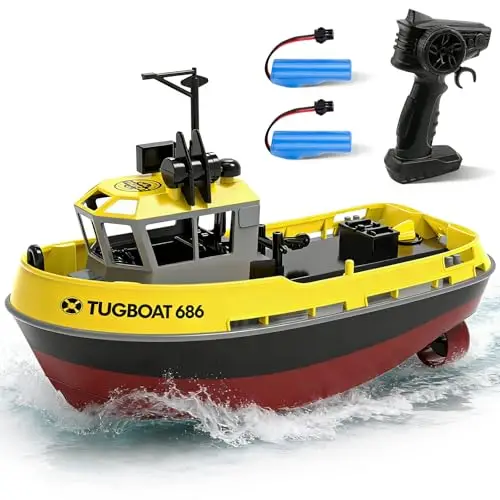 Bateau télécommandé pour Enfants Remorqueur télécommandé 1:72 étanche 2.4GHz Deux Piles Rechargeables 40 Minutes de Jeu Bateau RC Jouet pour Les Enfants (Jaune)