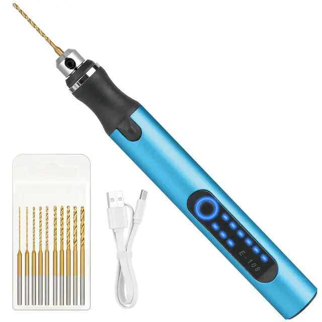 Ainiv Mini Perceuse Électrique Sans Fil à 3 Vitesses, Perceuse à Main Électrique à Chargement USB, avec 10 Petits Forets, pour Bijoux, Porte-Clés, Pendentif, Cuir, Bois, Résine, Plastique - Bleu