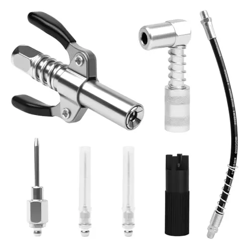 Lot de 7 adaptateurs de pistolet à graisse - Raccord de presse à graisse avec adaptateur 90° - Double poignée G Coupler - Avec tuyau de 30 cm - Distributeur d'aiguilles - Nettoyant de buses - Pour