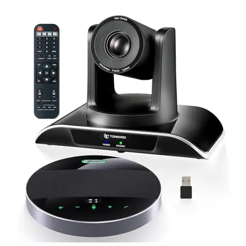 TONGVEO Système de caméra tout-en-un pour salle de conférence avec microphone Bluetooth, HD 1080p 60 fps zoom optique 3x USB3.0 HDMI PTZ et kit mains libres de conférence mis à jour avec microphones