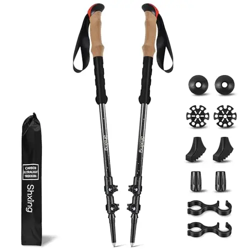 Bâtons de randonnée télescopiques Lot de 2, 200 g chacun, réglables 62–135 cm, en Carbone, poignée liège + EVA, Verrouillage Aluminium, randonnée et Marche Nordique | 62-135 cm, réglable, poignée en liège avec EVA, fermeture en aluminium, sac et 10 accessoires, pour randonnée et trekking