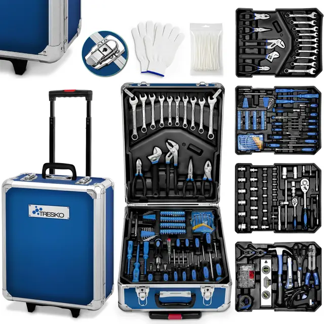 TRESKO Boite à Outils 1400 pièces en Chrome Vanadium | avec mallette en aluminium et poignée télescopique (Bleu)