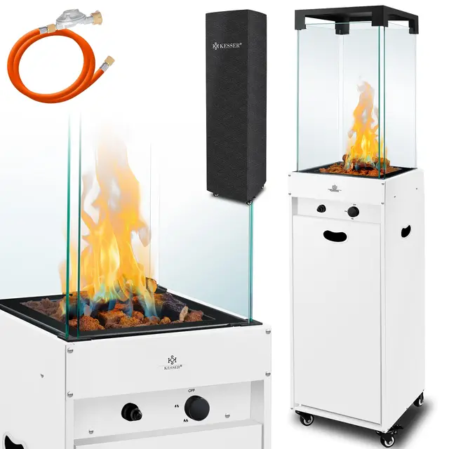 KESSER® Chauffage Radiant à Gaz, Chauffage de Terrasse, Chauffage Radiant à Gaz, Housse de Protection Incluse Chauffage Outdoor, Chauffage à Flamme, avec Roulettes au Sol, Blanc