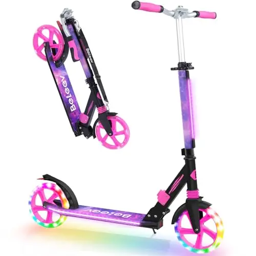 BELEEV Trottinettes Enfants de 6 Ans et Plus, LED Lumineuses Stem & Deck, Pliable, 4 Hauteurs Réglables, Sangle de Transport, Grandes Roue 200 mm, City Scooter 2 Roues pour Adulte et Adolescent