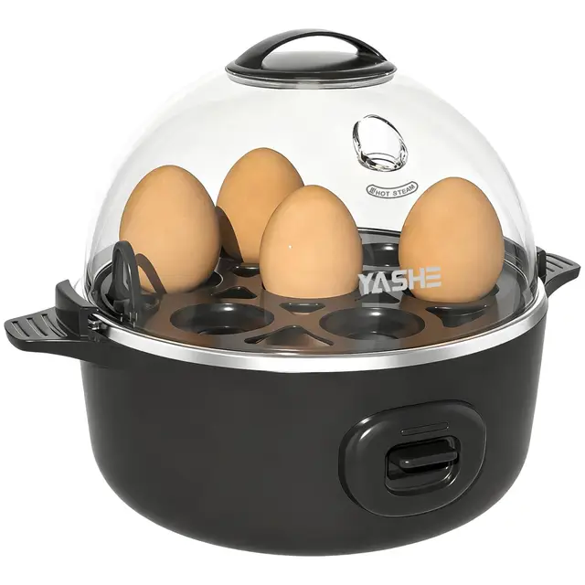 YASHE Cuiseur à œufs, capacité 7 œufs, pour œufs durs, mollets et à la coque, Fonction pocheuse et cuiseur à omelette, Plateau et bol à œufs sans BPA, Arrêt automatique, Signal sonore, Noir