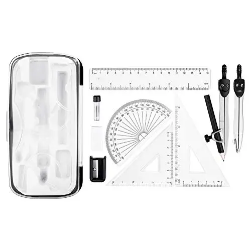 Amazon Basics Kit pour mathématiques 10 pièces - Inclut des compas, une mine, une gomme, un taille-crayon, un rapporteur, des équerres, une règle et une boîte de rangement