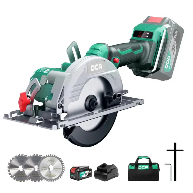 DCA Scie Circulaire Mini Sans Fil Avec 2 Vitesses 6700/4200 RPM, 20V 4,0Ah Batterie, 3 Lames Ø125mm et Rail Guide, Profondeur Coupe 45mm(90°)/33mm(45°), pour Bois, Plastique, PVC