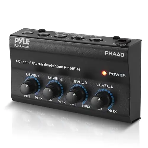 Pyle Amplificateur Casque Stéréo 4 Canaux – Ampli Audio Studio avec 4 Sorties TRS 6,35 mm et Entrée Audio, Répartiteur Écouteurs pour Table de Mixage, DJ et Enregistrement