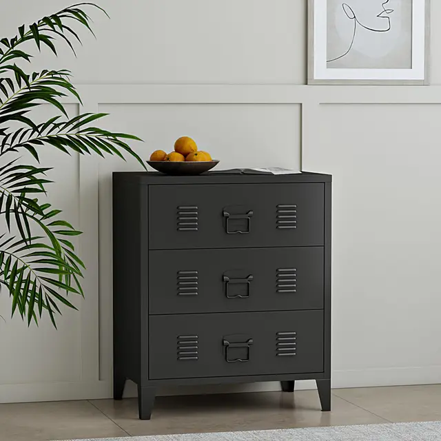 [en.casa] Commode Métallique avec 3 Tiroirs Caisson de Bureau Meuble de Rangement au Style Industriel pour Salon Chambre Atelier Acier 72 x 60 x 40 cm Noir
