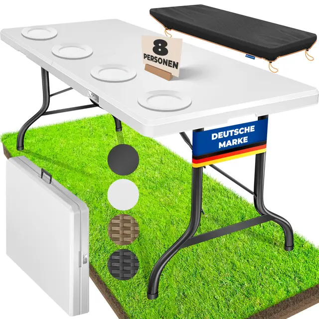 KESSER® Table de buffet, pliable, en plastique, 183 x 76 cm, idéale pour le camping, les fêtes, le jardin, la terrasse et le balcon, pour 6 personnes, avec poignée de transport, blanche