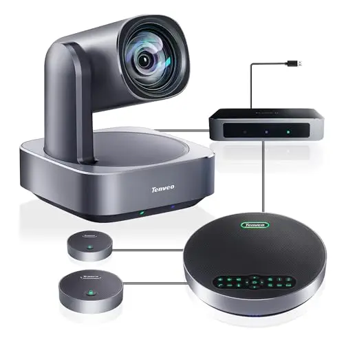 Tenveo Système de Caméra de Conférence PTZ 4K avec Suivi Automatique IA Tout-en-Un Haut-Parleur Bluetooth avec 2 Micros d'Extension Zoom Optique 12X Grand Angle de Vue pour Réunions Zoom Skype Teams