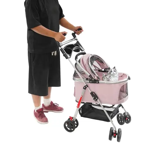 Poussette pour chien 2 en 1, pour petits chiens, pliable jusqu'à 12 kg, avec boîte de transport amovible, avec compartiment pour aliments et toit en maille pour promenades et voyages