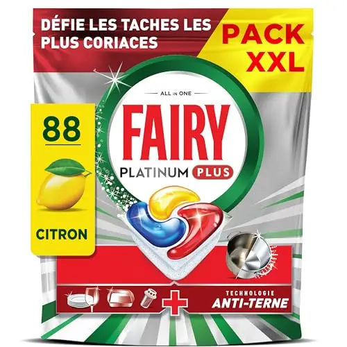 Fairy Platinum Plus Tablettes Lave-Vaisselle Tout-en-1, 88 Tablettes, Parfum Citron, Technologie Anti-Terne, Redonne l'Éclat, Prévient le Calcaire, Système Pré-Lavage Intégré, Efficace en Cycle Court