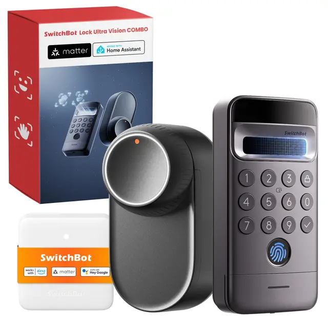 SwitchBot Serrure Ultra connectée WiFi avec Keypad Vision Pro, reconnaissance faciale 3D & veines de la paume, déverrouillage sans contact, compatible cylindre européen, Matter, Alexa, Google, IFTTT