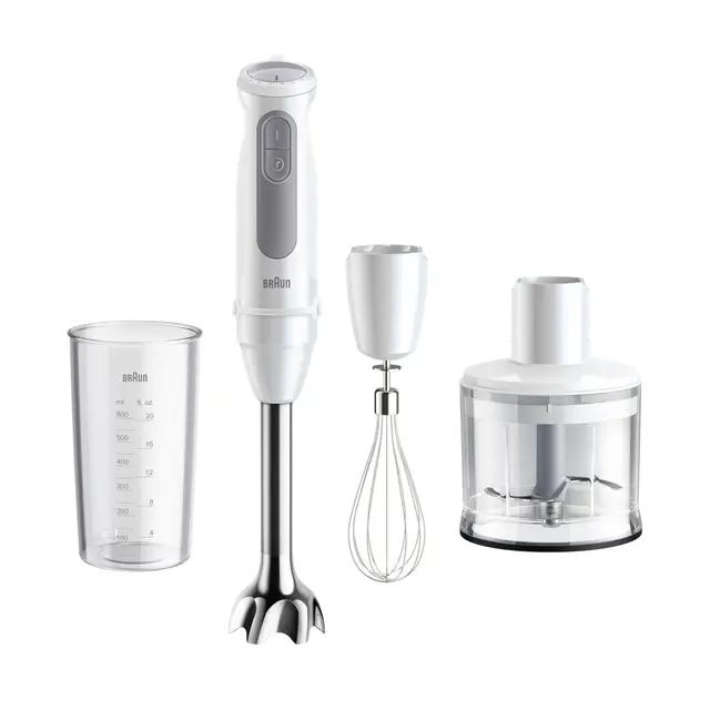Braun MultiQuick 5 - Mixeur Plongeant avec mini hachoir et Fouet pour Soupes, Smoothies et Milkshakes, 21 Vitesses + Turbo, mini hachoir 500ml, Verre Doseur 600ml, 1000W, Blanc (MQ50236M)