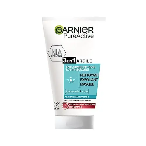 GARNIER Pure Active - Nettoyant 3-En-1 Argile - Nettoyant, Exfoliant & Masque - Anti-Imperfections & Anti-Marques - Niacinamide & Argile - Vegan & Cruelty Free - Peaux Mixtes à Grasses - 150 ml