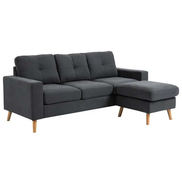 HOMCOM Canapé d'angle en Tissu de Lin, canapé 3 Places, Chaise Longue Reversible Gauche ou Droite, 193 cm, Design scandinave, pour Salon, Appartement, Petit Espace, Pieds en Bois Massif, Gris foncé