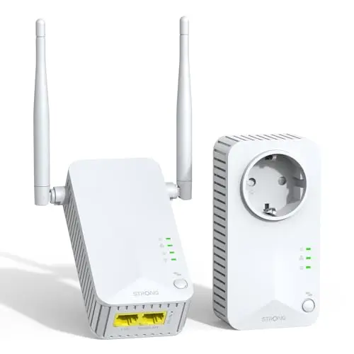 STRONG CPL AV600 Mbps, WiFi 300 Mbps, Prise Intégrée Type F, Box CPL WiFi HomePlug AV2, Plug & Play avec Bouton Pair, Port Ethernet 100 Mbps, Mode économie d’énergie, Kit de 2 (POWERLWF600DUOEUV2)