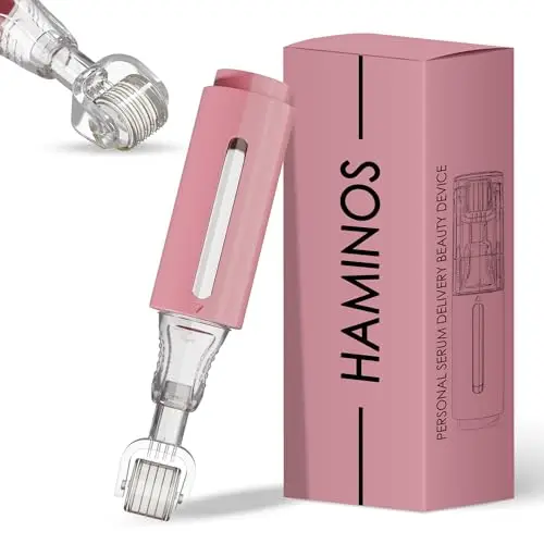 HAMINOS Derma roller 0,25 mm avec Réservoir pour Lèvres, Peau, Cheveux, Rides, Vergetures, Hyperpigmentation APPLICATION INSTANTANÉE DU SÉRUM, 105 aiguilles en titane