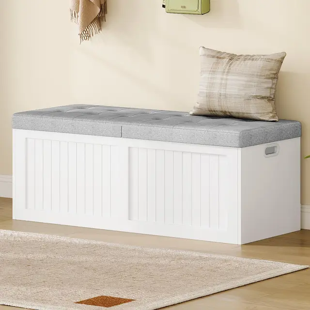 Hzuaneri Coffre de Rangement, 109 cm, Banc à Chaussures, avec 2 Charnières de Sécurité, Banc de Rangement, avec Coussin en Lin, pour Couloir, Chambre, Salon, 40 x 109 x 44,5 cm, Blanc-Gris SB01903GY