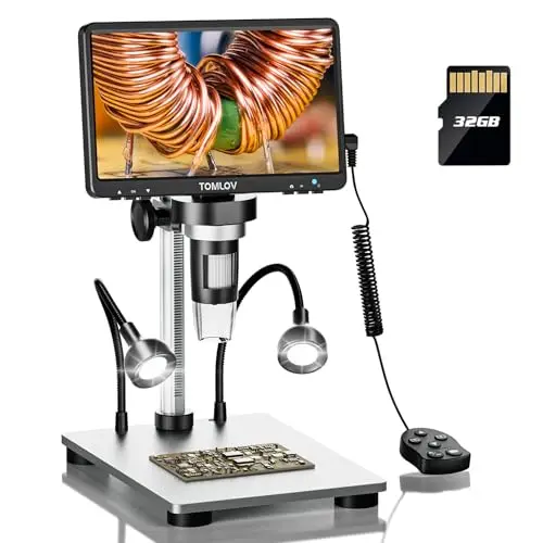 TOMLOV DM9 7" LCD Microscope Numérique, 12MP Magnification Loupe à Pièces 1200X, Cadeau pour Les Collectionneurs Adultes, Support Métallique, Éclairage LED Flexible, Compatible Windows/Mac OS, 32Go