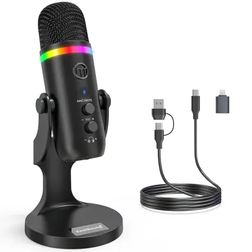 zealsound RGB Micro Gaming pour PC Telephone iPhone, avec Muet & Réduction du Bruit, USB Microphone à Condensateur de Bureau pour Podcast, Live Stream, Enregistrement, Twitch, ASMR sur Mac et PS