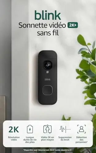 Blink Sonnette vidéo 2K+ sans fil (nouvelle génération) | Plan moyen | Audio amélioré | IP65 | Piles longue durée | Configuration facile | Module de synchronisation de base requis (Noir)