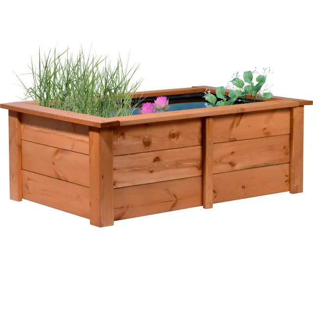 Dobar 29246FSCe Étang de Jardin en Bois Robuste pour Terrasse, Balcon - Bassin Avec Bâche de Protection 120 x 72 x 42 cm