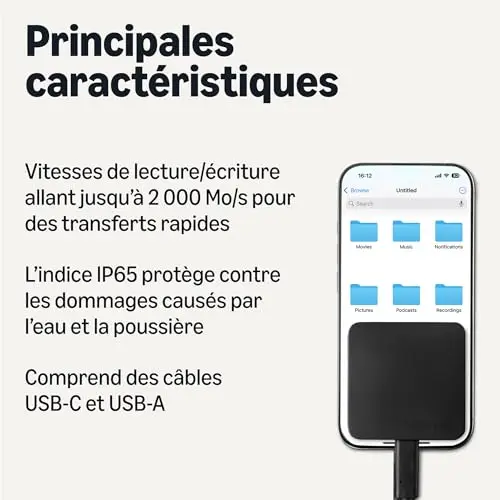 Amazon Basics SSD Externe Portable, Disque SSD Externe de 1To, Vitesse Maximale 2 000Mbit/s, USB 3.2 Gen 2, Indice IP65 de Protection Contre la Poussière et l’Eau, Noir