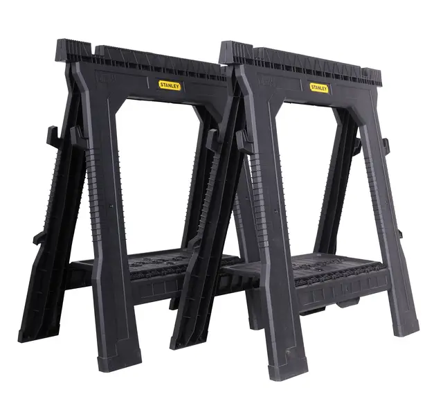 Stanley Stst1-70713 Tréteau Pliable Lot de 2 Pièces - 450 kg Par Paire - Caoutchouc Anti-Dérapant Sur Les Pieds - Rainure en V pour Découpes d'Appoints - Structure Résistante et Légère Noir