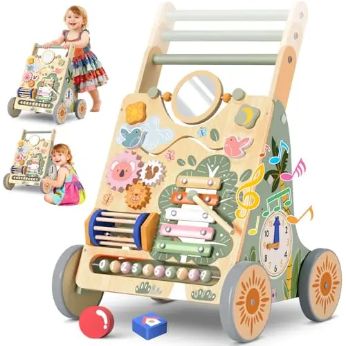 Chariot de Marche en Bois pour Bébé, Centre d'Activités Multiples Montessori, Trotteur Bébé Hauteur et Vitesse Réglables, pour Fille et Garçon de 6 Mois à 2 Ans, Cadeau pour Anniversaire et Noël