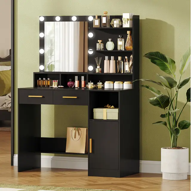 Hzuaneri Coiffeuse avec Miroir et 10 Lumières LED Réglables, Table de Maquillage avec 2 Tiroir et 1 Armoire, 3 Étagères et 4 Compartiments Ouverts,Noir DT32506X