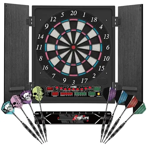CyeeLife Cible de Fléchettes Électronique avec Meuble en Bois, Machine à Fléchettes Électronique, Cible avec 34 Jeux et 355 Variantes, Mode 8 Joueurs