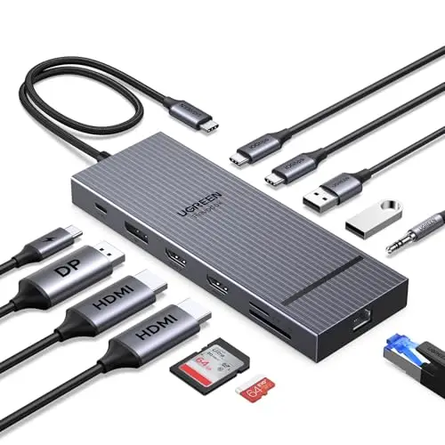 UGREEN Revodok Pro 3121 Hub USB C Double HDMI 4K60Hz et DisplayPort 4K120Hz 12 en 1 Docking Station USB C Triple Affichage avec 10Gbps Data Ports PD 100W Adaptateur Ethernet Lecteur Carte SD TF 3.5mm
