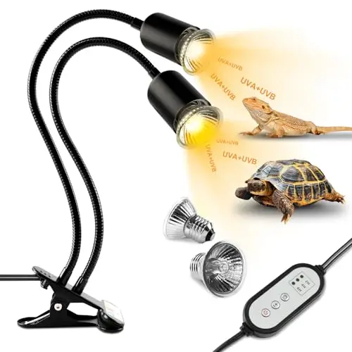Lampe Chauffante Tortue à Deux Têtes, 25W+50W Reptiles Lampe Tortue Terrestre E27 UVA+UVB Lampe Tortue Terrestre avec 2 Ampoule Basking Spot et Minuterie pour Reptiles (Noir)