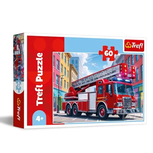 Trefl - Un Camion de Pompiers - Puzzle 60 Pièces - Puzzle coloré avec des Personnages de Bande Dessinée, Divertissement Créatif, Loisir pour Les Enfants à partir de 4 Ans