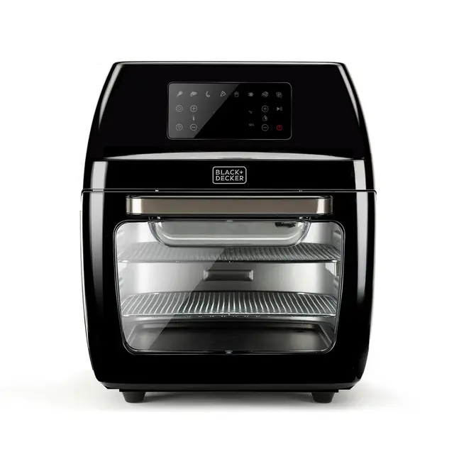 BLACK+DECKER BXAFO1200E - Friteuse sans huile combiné four 1700W, 12L, température régulable 40º-200ºC, 8 programmes prédéfinis, porte transparente, lavable au lave-vaisselle, accessoires multiples