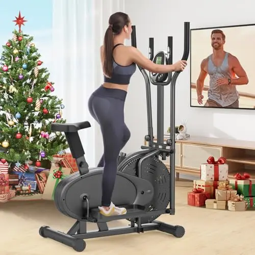 Vélo elliptique, 2 en 1 Crosstrainer & Vélo d'exercice avec Siège, Moniteur LCD, Résistance Réglable, Pédale Antidérapante, Stepper Elliptique Machine D'entraînement de Fitness à Domicile