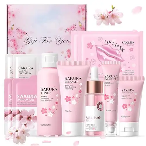 Coffret Soin Visage Femme, Sakura Skincare Set, Coffrets de Soins pour la Peau, Coffret Femme Cadeau avec Nettoyant Visage, Toner, Contour Yeux, Sérum, Crème, Boue pour Visage, Anti-âge, 11 Pièces
