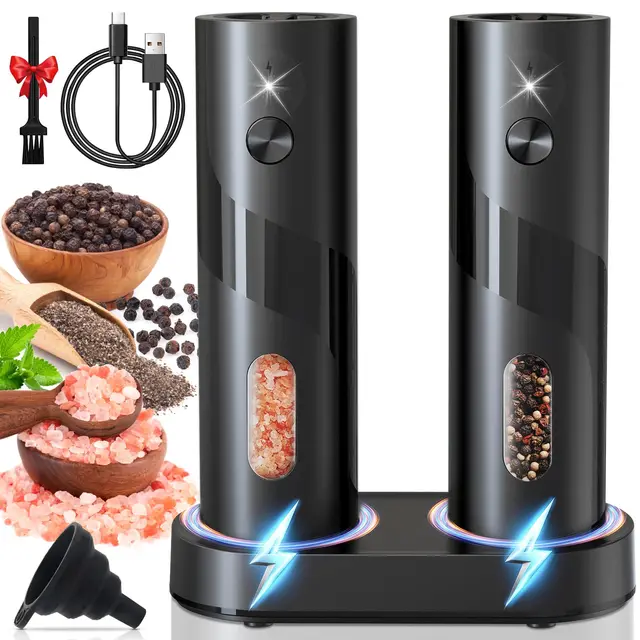 UCAMP Ensemble de Moulin à Poivre Électrique, Lot de 2 Moulins À Sel Et Poivre Électriques,Salieres et Poivrieres Electrique Automatique avec base rechargeable(Grande capacité de 110 ML)