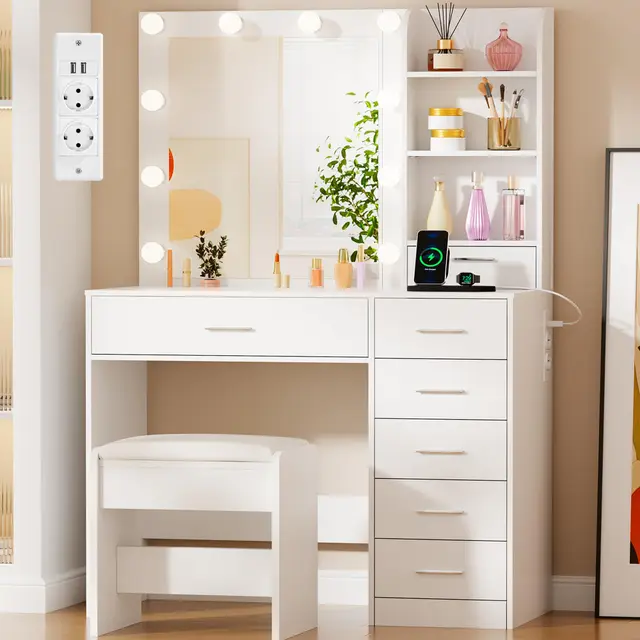 BEWISHOME Coiffeuse avec Miroir et 10 Globes LED, 3 Couleurs Luminosité Réglable, Coiffeuse avec Prise, Tabouret et 7 Tiroirs, Table de Maquillage avec 3 Étagères Ouvertes,Moderne Blanc EFST51W