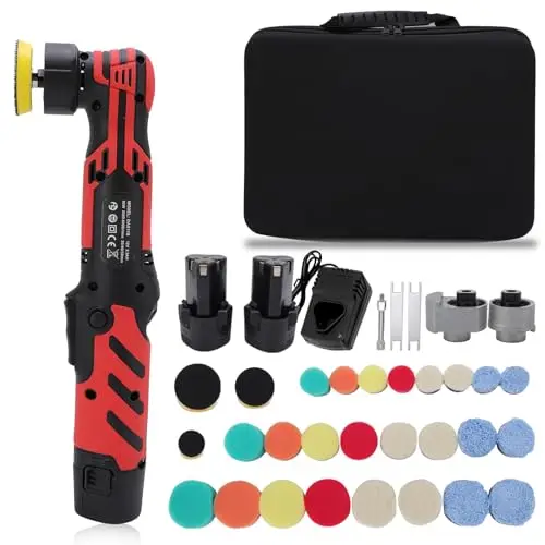Ensemble de polisseuse mini sans fil 12V – 6 vitesses, 5 mm et 12 mm d’excentricité, moteur sans balais, 2x batterie 2000 mAh, système de changement rapide pour l’entretien des véhicules, les