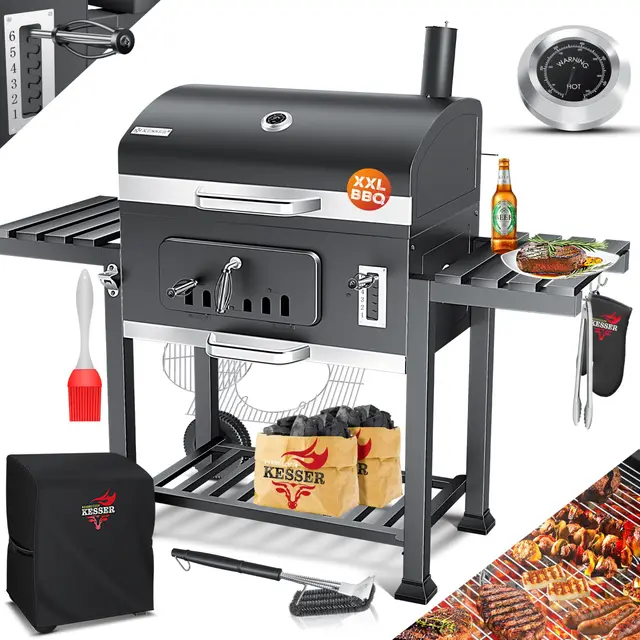 KESSER® Barbecue au charbon de bois XXL, couvercle, roues, poignée en acier inoxydable, thermomètre, grille, brosse, couvercle, pinceau en silicone, sur pied, chariot à charbon