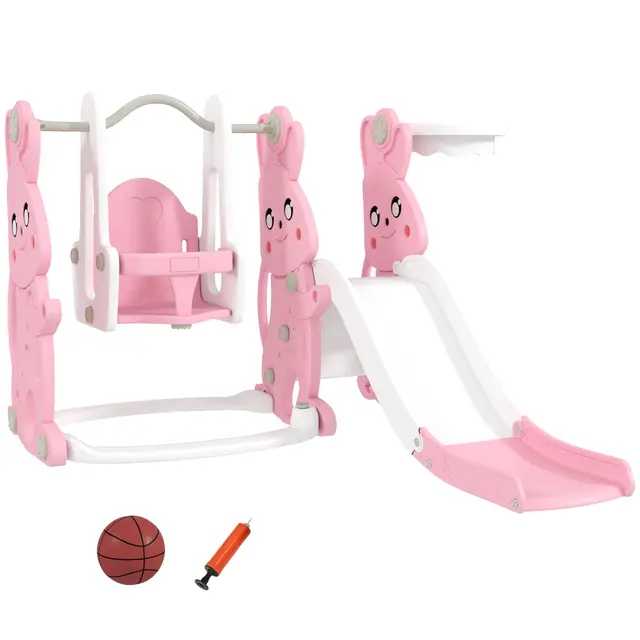 AIYAPLAY Toboggan et balançoire pour Enfants 4 en 1, Aire de Jeux Tout-Petits avec Escalade, Panier de Basket, Toboggan, balançoire, Motif Lapin, pour l'intérieur et l'extérieur, 1,5 à 4 Ans, Rose