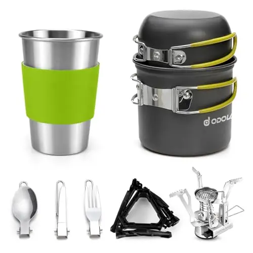 Odoland Kit de Casseroles Camping, 10PCS Ustensiles de Cuisine de Camping en Aluminium Durable, Camping Ustensiles Complets avec Réchaud de Camping Portable Ultraléger pour Camping, Randonnée, Pêche