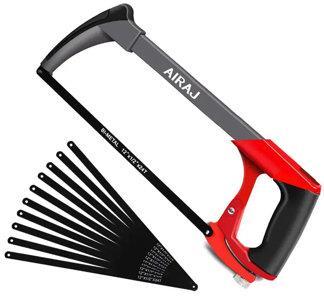 AIRAJ 300 mm scie à métaux,avec 10 lames de scie remplaçables de qualité, cadre réglable/poignée souple et confortable, scies à poignée pour couper le bois, l'acier, les tuyaux en PVC